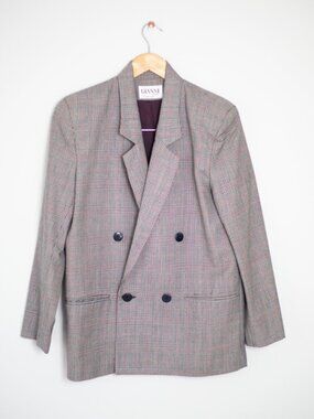 Vintage Glen Plaid Double Breasted Blazer Grey Burgundy Sz 6 | Gianni
